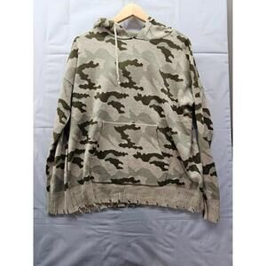 Fate Camo Distressed Knit Hoodie Sweater Medium Slouchy Grunge Boho Pullover